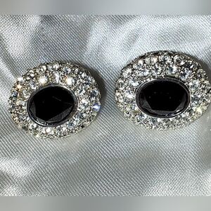 Vintage Roman Black Pave Rhinestone Silver Tone Clip Earrings